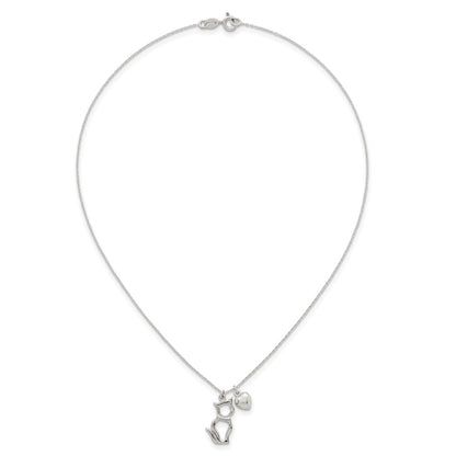 Sterling Silver Polished Cat Silhouette and Puffed Heart Charm 16 inch Necklace