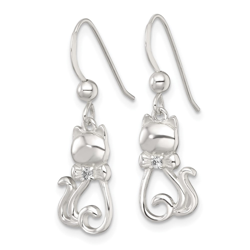 Sterling Silver Polished White CZ Cat Silhouette With Bowtie Dangle Shepherd Hook Earrings
