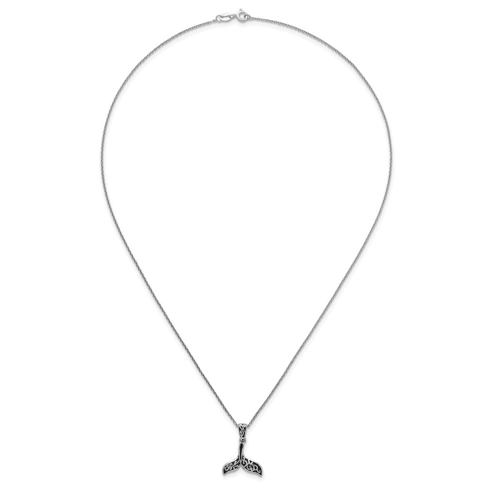 Sterling Silver Rhodium-plated Polished and Oxidized Filigree Whale Tail 18 Inch Necklace