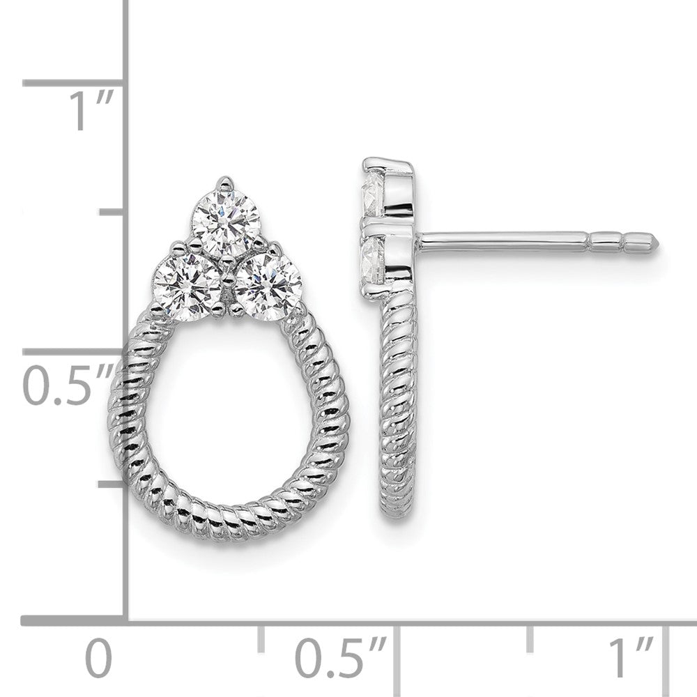 Sterling Silver Rhodium-plated Three CZ Textured Loop Post Earrings