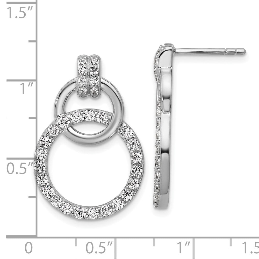 Sterling Silver Rhodium-plated Polished CZ Two Circle Dangle Post Earrings