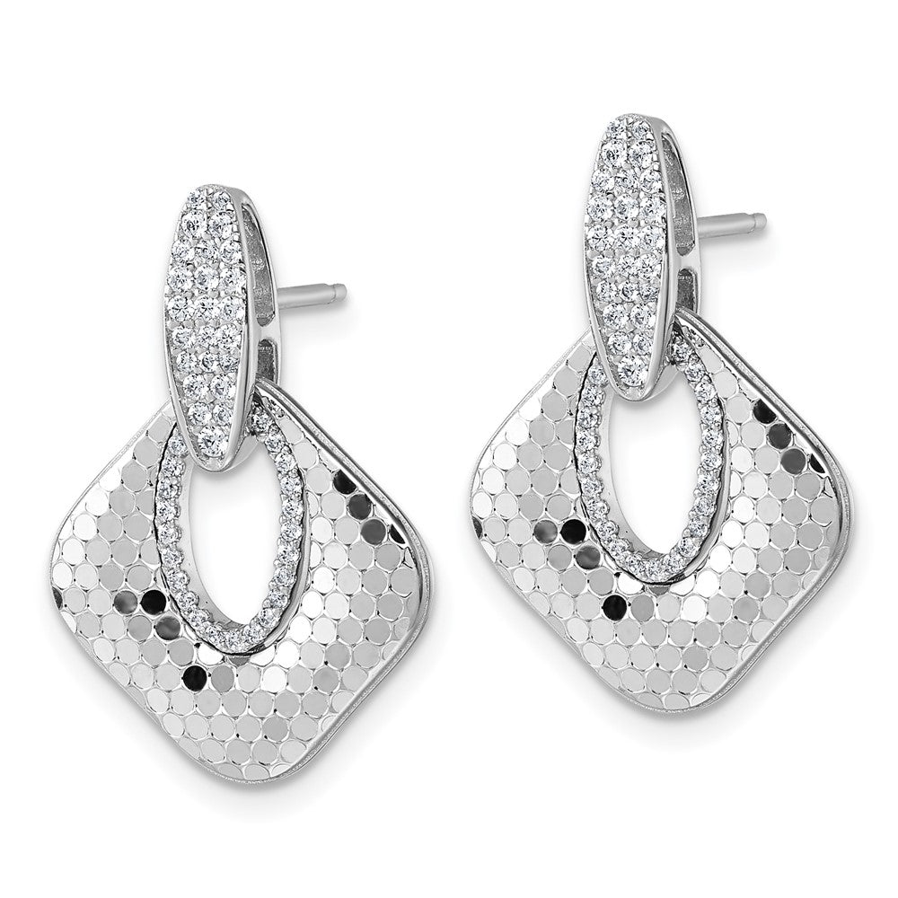 Sterling Silver Rhodium-plated CZ Polished Textured Doorknocker Dangle Post Earrings