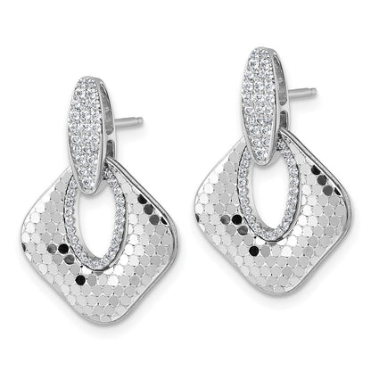 Sterling Silver Rhodium-plated CZ Polished Textured Doorknocker Dangle Post Earrings