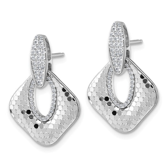 Sterling Silver Rhodium-plated CZ Polished Textured Doorknocker Dangle Post Earrings