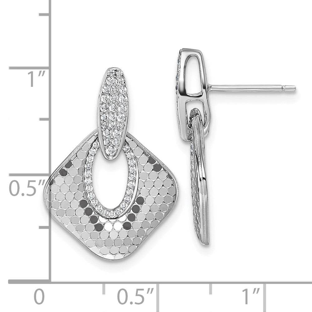 Sterling Silver Rhodium-plated CZ Polished Textured Doorknocker Dangle Post Earrings