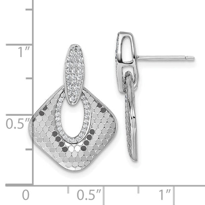 Sterling Silver Rhodium-plated CZ Polished Textured Doorknocker Dangle Post Earrings
