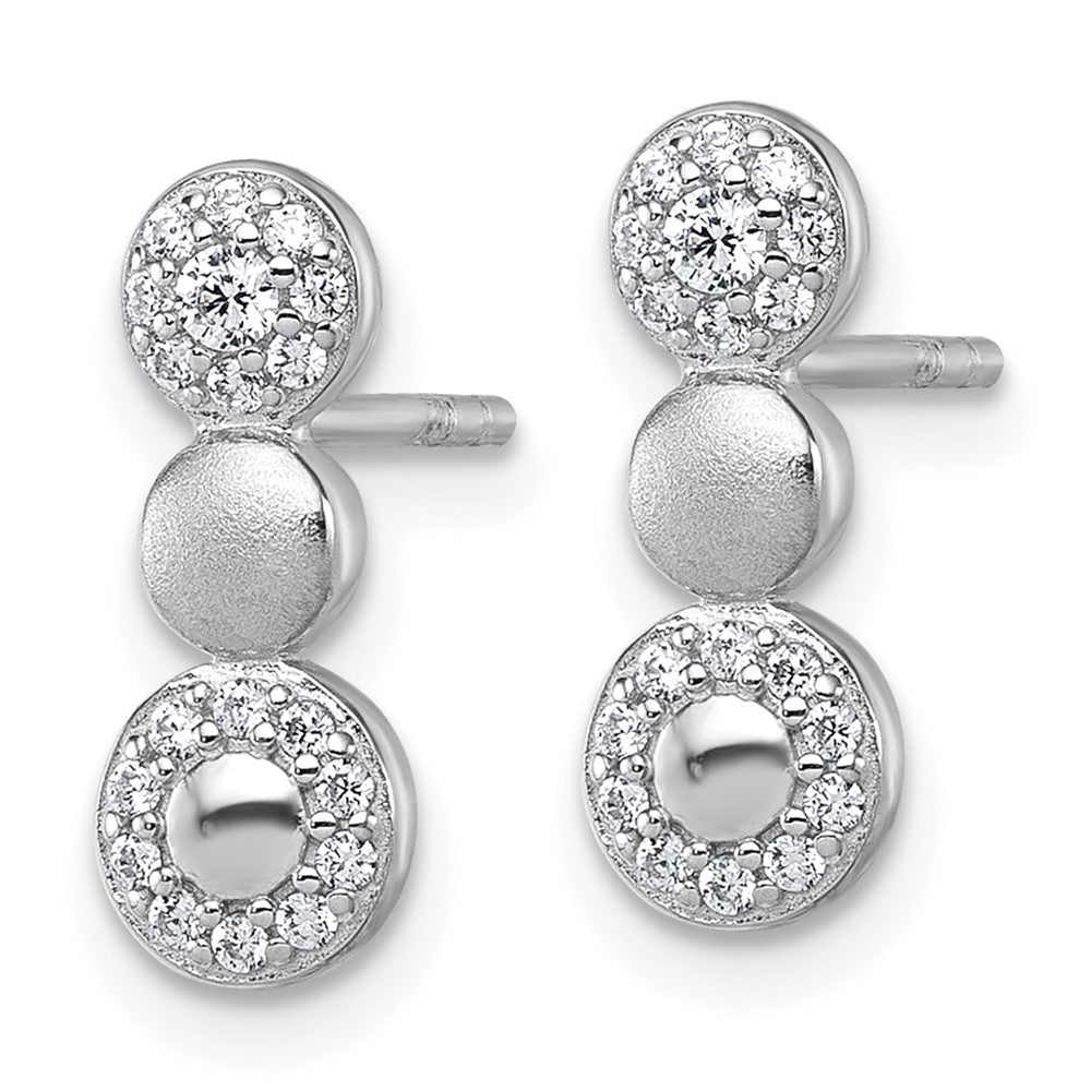 Sterling Silver Rhodium-plated Polished and Satin CZ  3-Circles Post Earrings