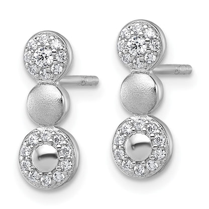 Sterling Silver Rhodium-plated Polished and Satin CZ  3-Circles Post Earrings