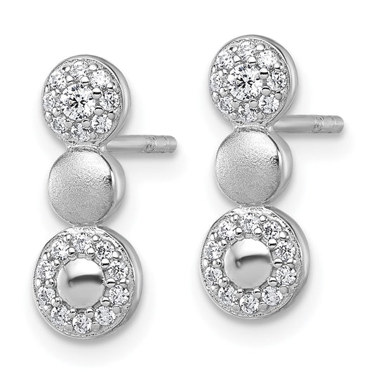 Sterling Silver Rhodium-plated Polished and Satin CZ  3-Circles Post Earrings
