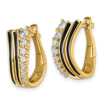 Sterling Silver Gold-tone Black Enamel and CZ Hinged Hoop Earrings