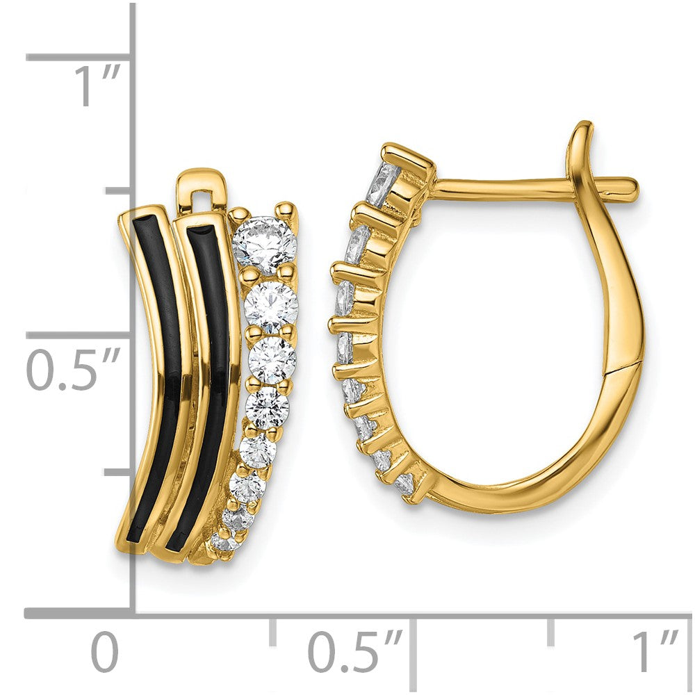 Sterling Silver Gold-tone Black Enamel and CZ Hinged Hoop Earrings