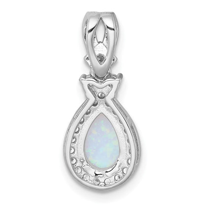 Sterling Silver Rhodium-plated Polished Lab Created Opal and CZ Teardrop Halo Chain Slide Pendant