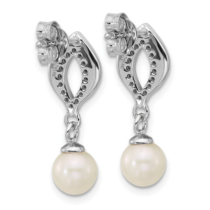 Sterling Silver Rhodium-plated Polished CZ and 5-6mm Freshwater Cultured Pearl Dangle Post Earrings
