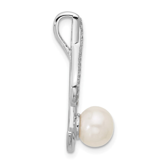 Sterling Silver Rhodium-plated Polished CZ and 6-7mm Freshwater Cultured Pearl Swirl Chain Slide Pendant