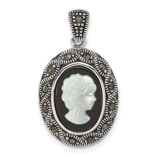 Sterling Silver Antiqued Marcasite with Black Agate and Mother of Pearl Cameo Pendant