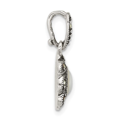 Sterling Silver Antiqued Marcasite and Mother of Pearl Oval Fancy Pendant