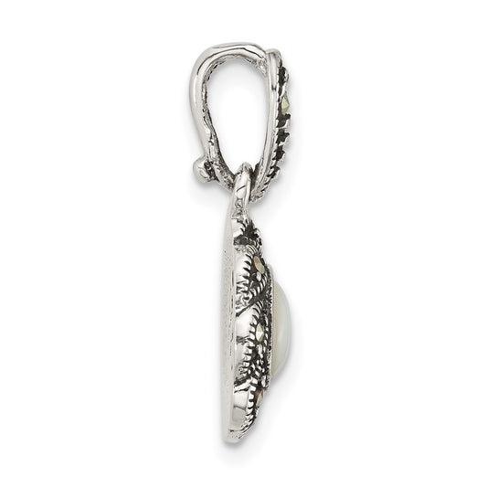 Sterling Silver Antiqued Marcasite and Mother of Pearl Oval Fancy Pendant