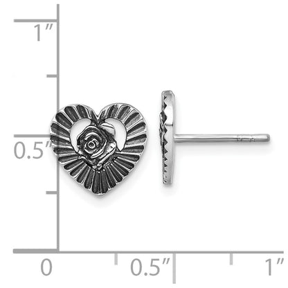 Sterling Silver Antiqued Polished Open Heart With Flower Post Earrings