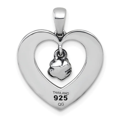 Sterling Silver Antiqued Polished Open Heart With Dangling Flower Pendant