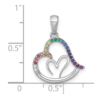 Sterling Silver Rhodium-plated Polished Rainbow Nano Crystals Double Heart Pendant