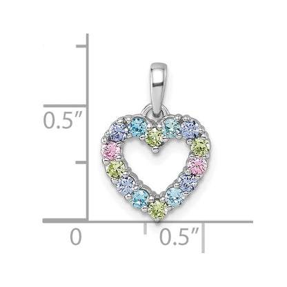 Sterling Silver Rhodium-plated Polished Pastel Blue, Pink, Green and Purple CZ Heart Pendant