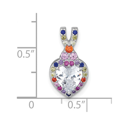 Sterling Silver Rhodium-plated Polished Multi-color Rainbow CZ Heart Halo Chain Slide Pendant