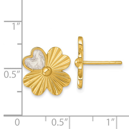 Sterling Silver Gold-tone Polished with White Enamel Lucky 4-Leaf Clover Post Earrings