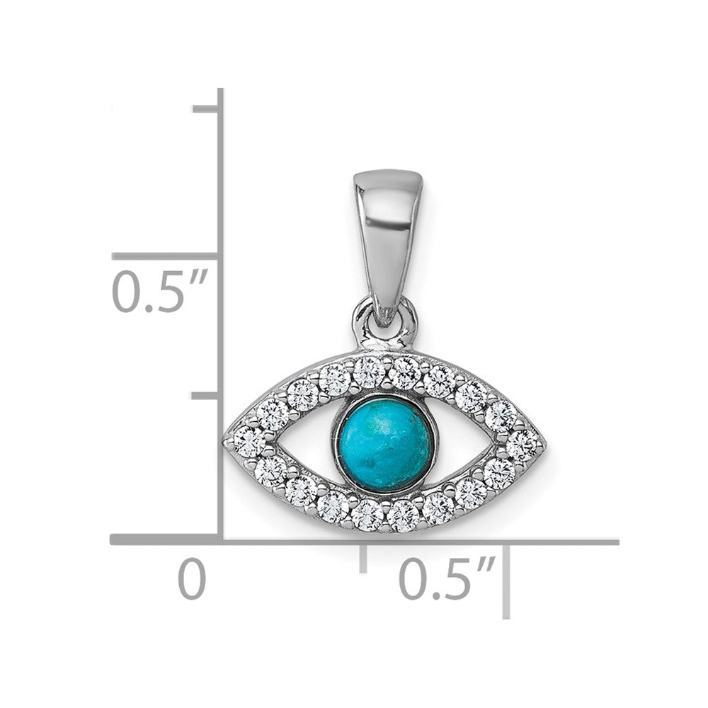 Sterling Silver Rhodium-plated Polished CZ and Compressed Turquoise Cabochon Evil Eye Pendant