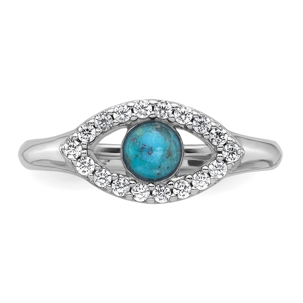 Sterling Silver Rhodium-plated Polished CZ and Compressed Turquoise Cabochon Evil Eye Size 6 Ring