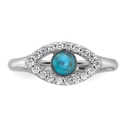 Sterling Silver Rhodium-plated Polished CZ and Compressed Turquoise Cabochon Evil Eye Size 6 Ring