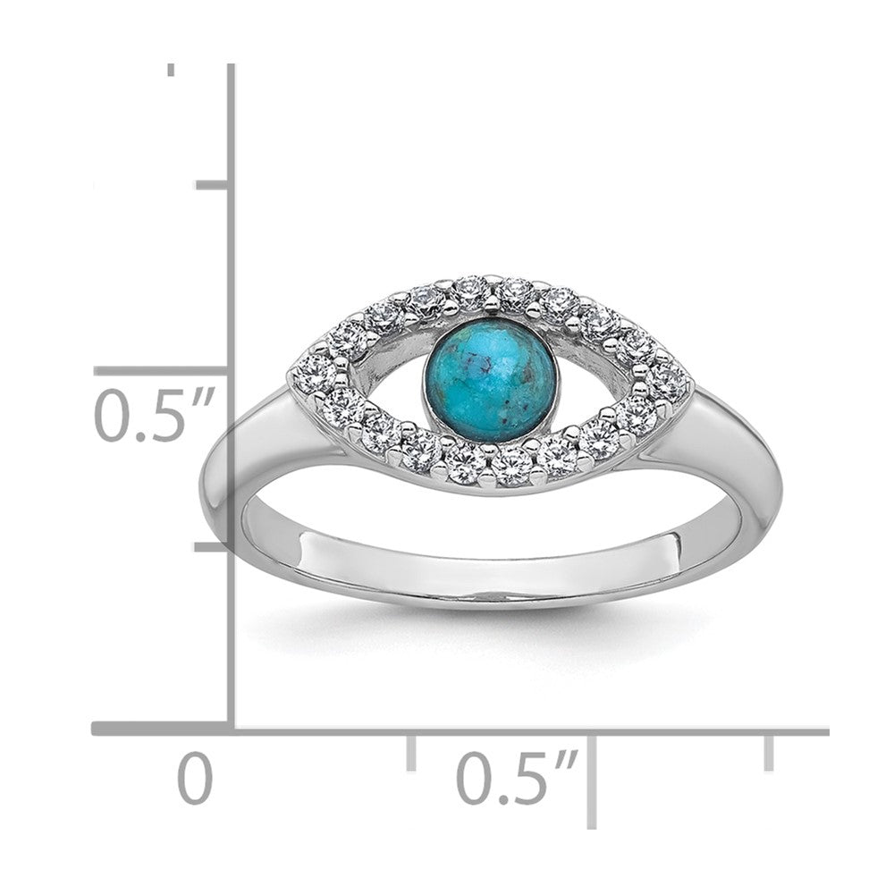 Sterling Silver Rhodium-plated Polished CZ and Compressed Turquoise Cabochon Evil Eye Size 7 Ring