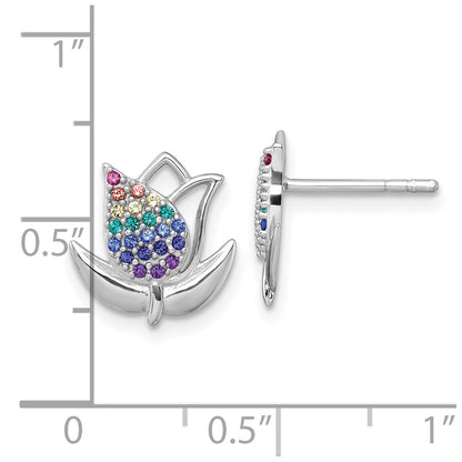 Sterling Silver Rhodium-plated Polished Rainbow Nano Crystals Tulip Post Earrings
