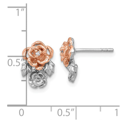 Sterling Silver Rhodium-plated and Rose Gold-plated CZ Flowers Post Earrings