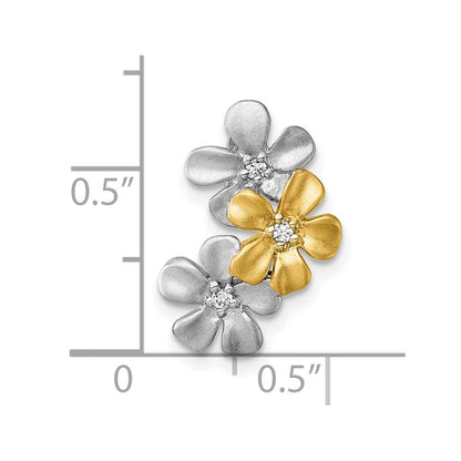 Sterling Silver Rhodium-plated and Gold-plated with CZ Three Flowers Chain Slide Pendant