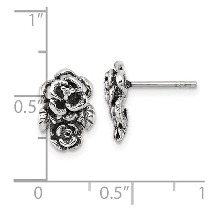 Sterling Silver Antiqued Polished CZ Flowers Post Earrings