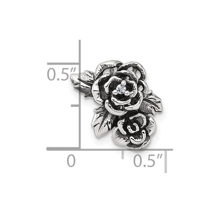 Sterling Silver Antiqued Polished CZ Flowers Chain Slide Pendant