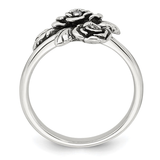 Sterling Silver Antiqued Polished CZ Flowers Size 7 Ring