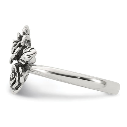Sterling Silver Antiqued Polished CZ Flowers Size 7 Ring