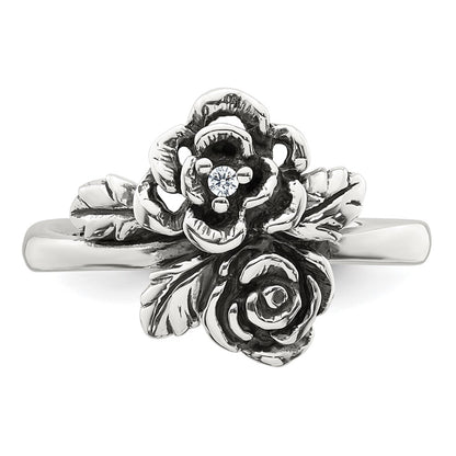 Sterling Silver Antiqued Polished CZ Flowers Size 7 Ring