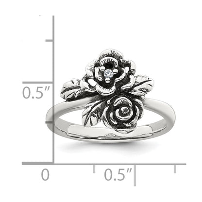 Sterling Silver Antiqued Polished CZ Flowers Size 8 Ring