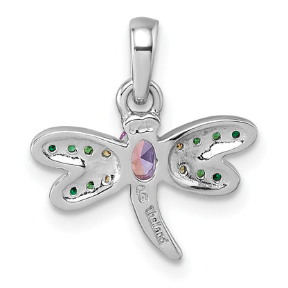Sterling Silver Rhodium-plated Polished Green, Yellow and Pink CZ Dragonfly Pendant