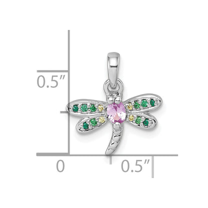 Sterling Silver Rhodium-plated Polished Green, Yellow and Pink CZ Dragonfly Pendant