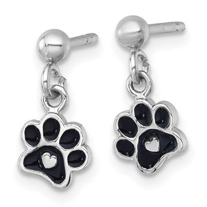 Sterling Silver Rhodium-plated Polished Black Enamel Paw Print with Heart Dangle Post Earrings