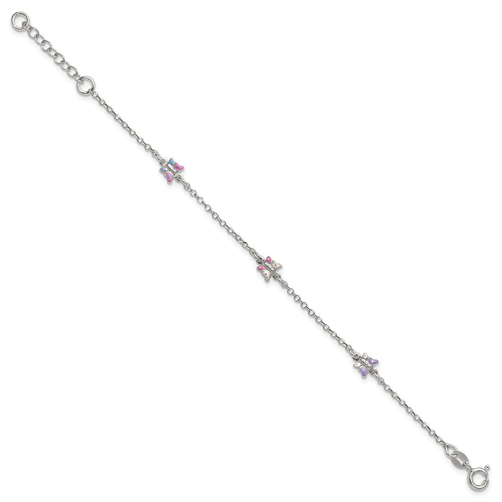Sterling Silver Polished Pink/Purple/White/Blue Enameled Butterfly 6 inch with 1 inch extension Childrens Bracelet