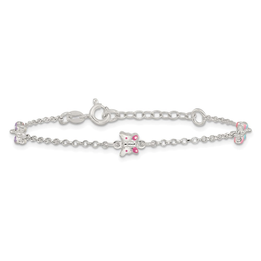 Sterling Silver Polished Pink/Purple/White/Blue Enameled Butterfly 6 inch with 1 inch extension Childrens Bracelet