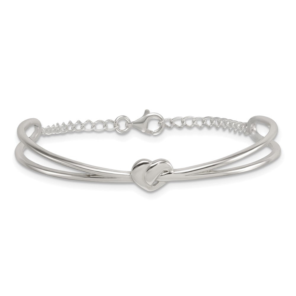 Sterling Silver Polished Twisted Heart Childrens Cuff Bracelet with Safety Chain