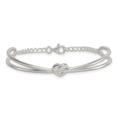 Sterling Silver Polished Twisted Heart Childrens Cuff Bracelet with Safety Chain