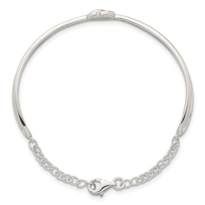 Sterling Silver Polished Twisted Heart Childrens Cuff Bracelet with Safety Chain