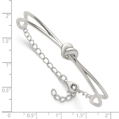 Sterling Silver Polished Twisted Heart Childrens Cuff Bracelet with Safety Chain
