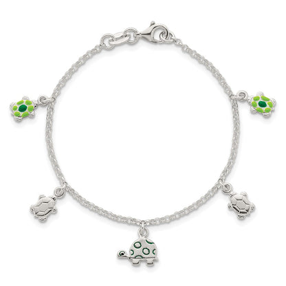 Sterling Silver Polished Green Enamel Turtles Childrens 6 inch Bracelet